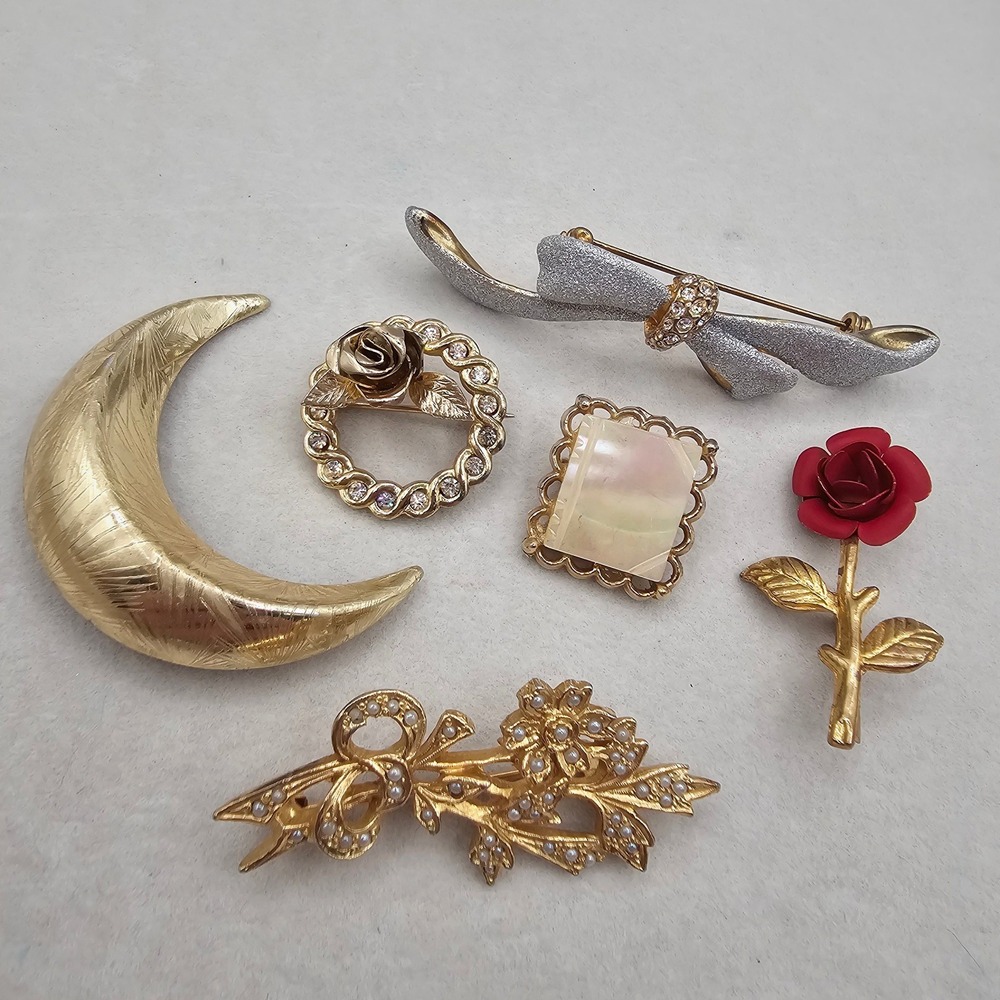 Vintage‎ Rhinestone Brooch Lot Crescent Moon Rose Floral Faux Pearl Pins 6pc